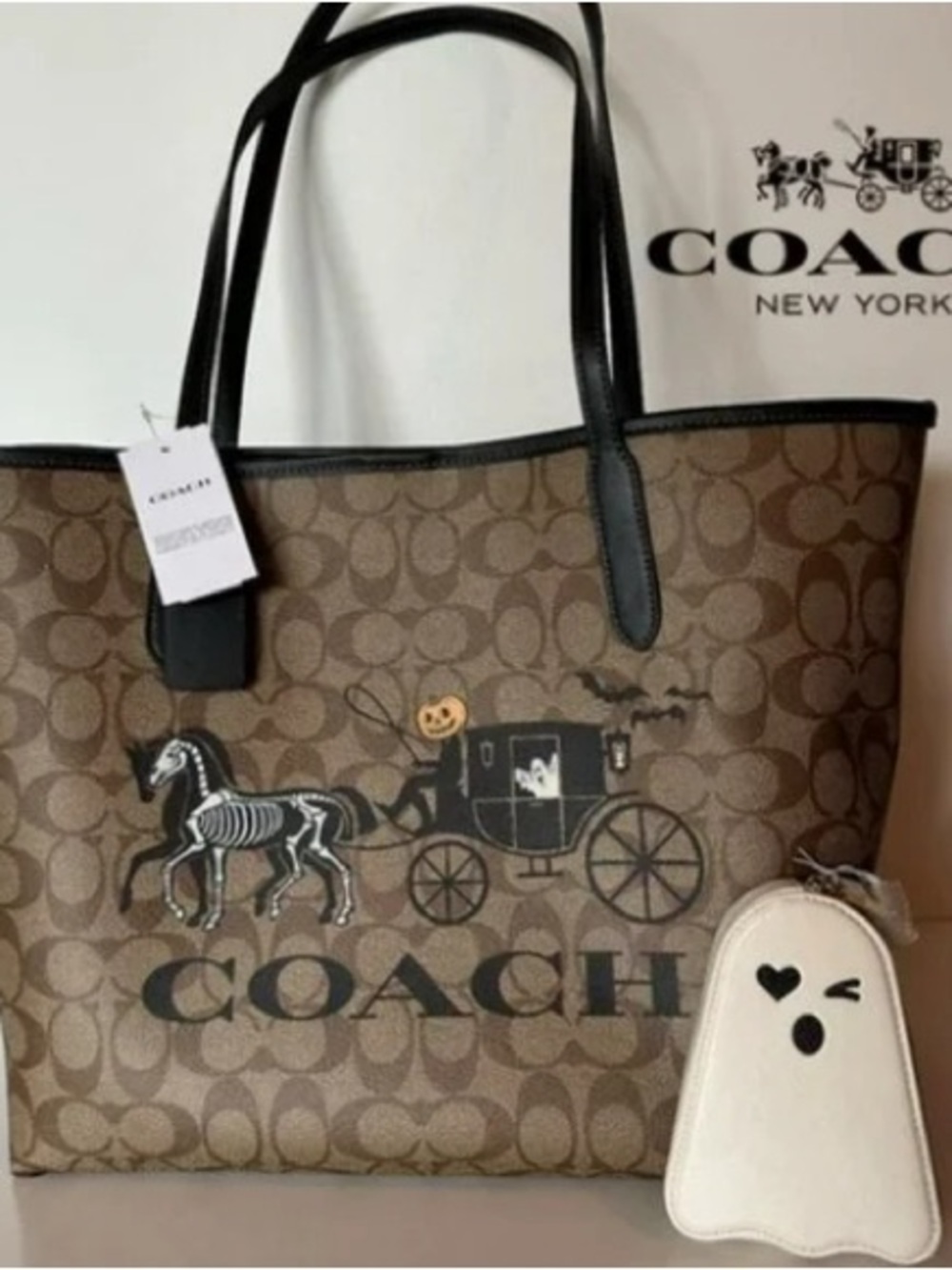 Coach Brown Signature Canvas Tote with Black Handles and Halloween Motif